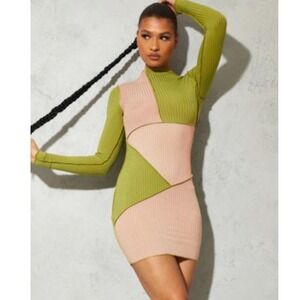 PrettyLittleThing Bodycon Mini‎ Dress Long Sleeve Color Block Ribbed Knit Olive